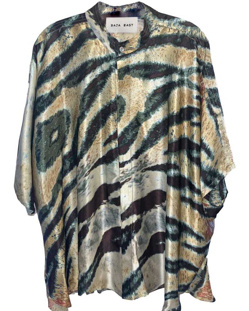 Front of a size 3 Kaftan Shirt In Psychedelic Tiger Silk in Yellow by Baja East. | dia_product_style_image_id:304610